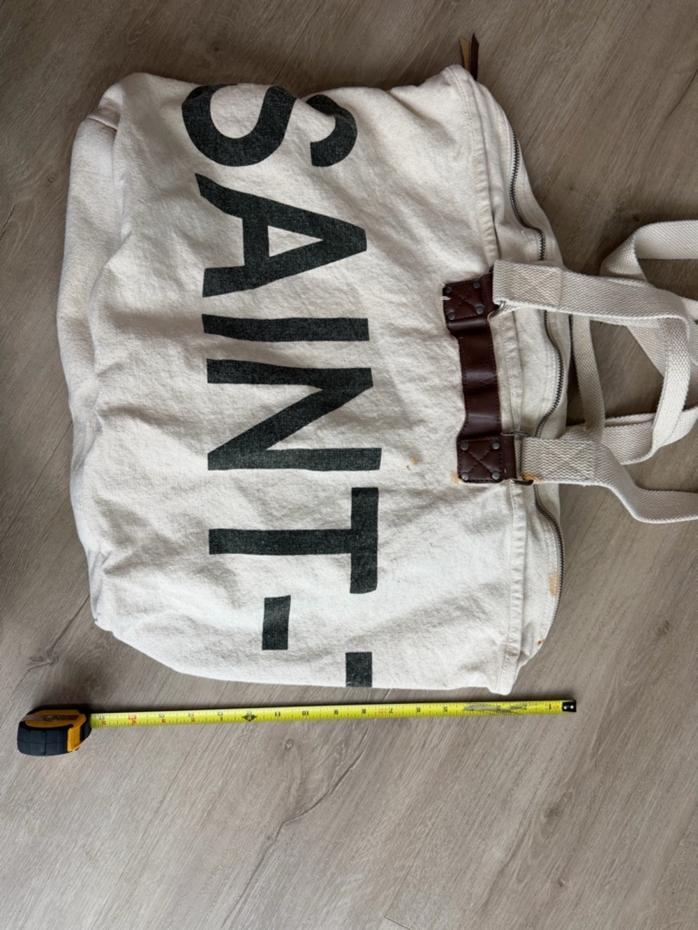 Kiwi Canvas Tote in Cream with Black Lettering and Brown Trim